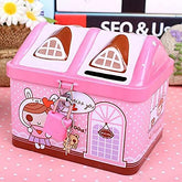Creative Hut House Shape Cartoon Printed Metal Piggy Bank with Lock & Keys