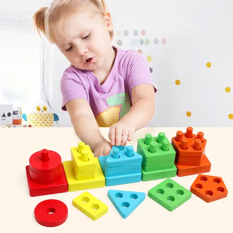 Wooden - 5 Shape Sorting & Stacking Sorter Geometric Blocks