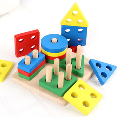 Wooden Shapes Square Column Blocks Sorting & Stacking Toys for Kids Toddlers  -Multi color