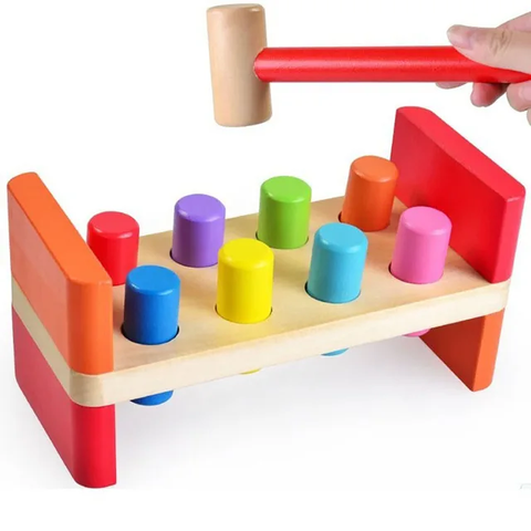 Wooden Hammer and Peg Toy Pounding Bench - Montessori Toys for Early Education for Kids/Toddlers - 6 Pegs with One Hammer and Pounding Bench