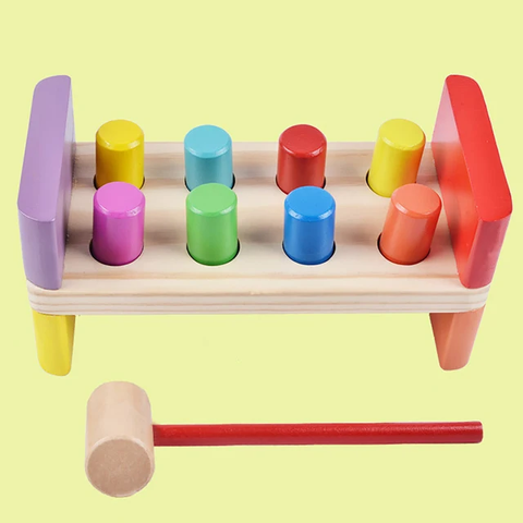 Wooden Hammer and Peg Toy Pounding Bench - Montessori Toys for Early Education for Kids/Toddlers - 6 Pegs with One Hammer and Pounding Bench