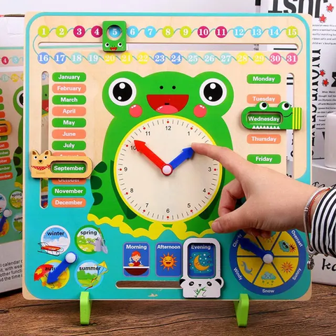 Wooden Frog Teaching Clock Calendar