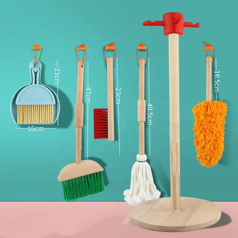 Wooden Kids Cleaning Tools Set Including Household Mop Broom, Sponge, Rag, Brush, Dustpan, Duster and Organizer