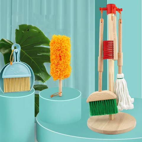 Wooden Kids Cleaning Tools Set Including Household Mop Broom, Sponge, Rag, Brush, Dustpan, Duster and Organizer