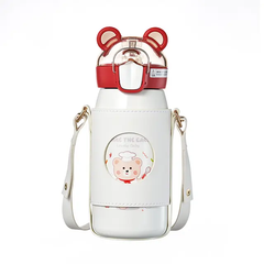 Stainless Steel Water Bottle for Kids, Hot and Cold Water Bottle 530 ML, Cute Water Bottle With Straw, Leather Cover and Strap 