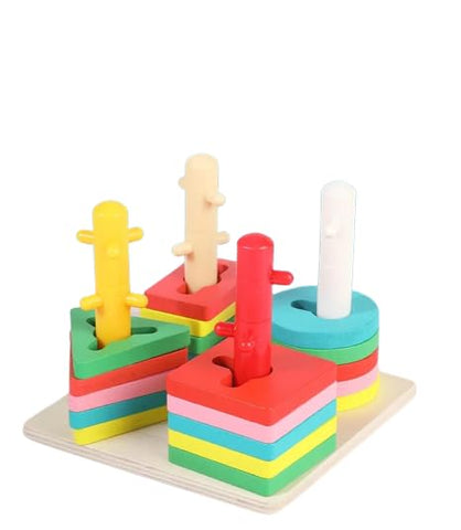 Wooden Four Sleeve Column | Activity Toy| Montessori Game| Early Educational Toys |Toys| Games|Shapes Toy| Multicolour