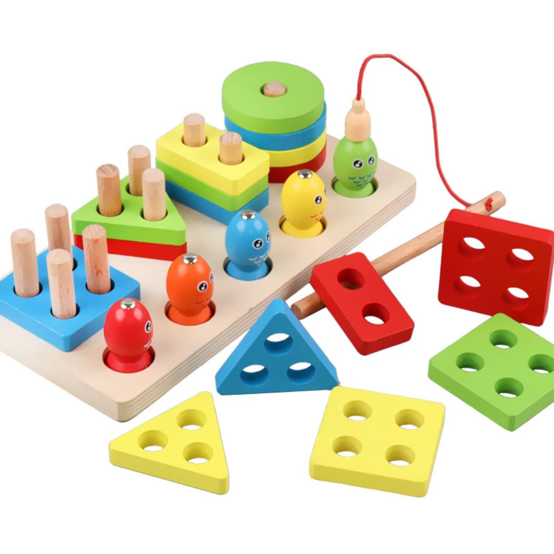 Kids Wooden Stacking Toys, Shape Sorting Board & Wooden Toddler Fishing Toys, Shape Color Recognition Blocks Matching Puzzle Preschool Learning Toys for Kids 2 IN 1 Set