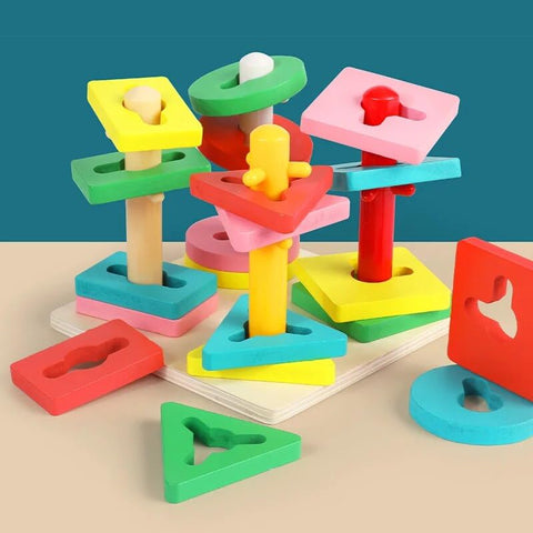 Wooden Four Sleeve Column | Activity Toy| Montessori Game| Early Educational Toys |Toys| Games|Shapes Toy| Multicolour