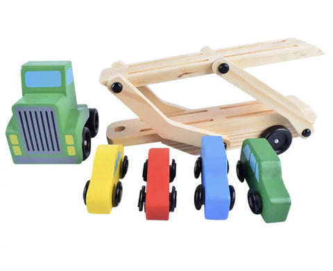  Wooden Truck And Cars Toy Set Large Double Deck Transport Vehicle Car Model Toy For Kids (1 Truck, 4 Cars