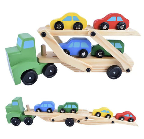  Wooden Truck And Cars Toy Set Large Double Deck Transport Vehicle Car Model Toy For Kids (1 Truck, 4 Cars