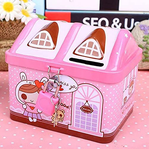 Creative Hut House Shape Cartoon Printed Metal Piggy Bank with Lock & Keys