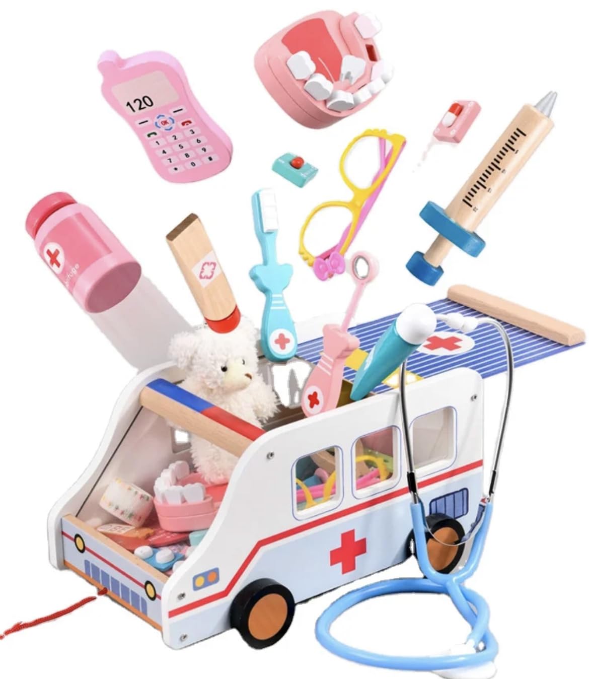 Doctor Role Play Set Wooden Ambulance Doctor Kit 37pcs Pretend Play Medical Kit with Plush Bear, Imagination Doctor Role Play Set