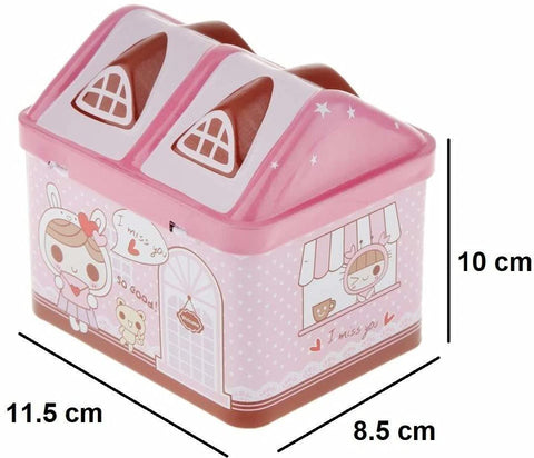 Creative Hut House Shape Cartoon Printed Metal Piggy Bank with Lock & Keys