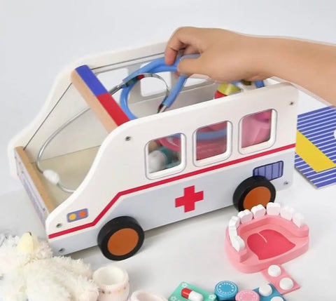 Doctor Role Play Set Wooden Ambulance Doctor Kit 37pcs Pretend Play Medical Kit with Plush Bear, Imagination Doctor Role Play Set