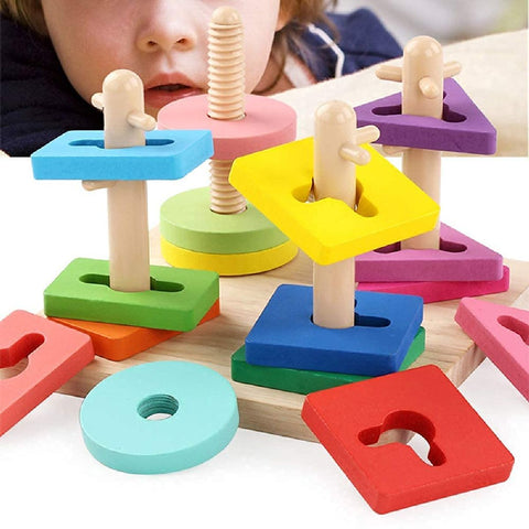 Four Sleeve Column Wooden Intellectual Geometric Shape Matching Blocks Early Educational & Learning Toys, Wooden Geometric Shape Sorter Puzzle