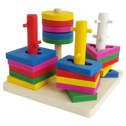 Four Sleeve Column Wooden Intellectual Geometric Shape Matching Blocks Early Educational & Learning Toys, Wooden Geometric Shape Sorter Puzzle