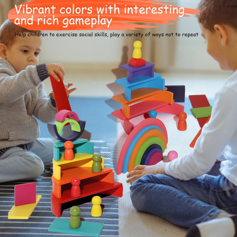 45-Piece Wooden Rainbow Stack Set, 4-in-1 Building Blocks