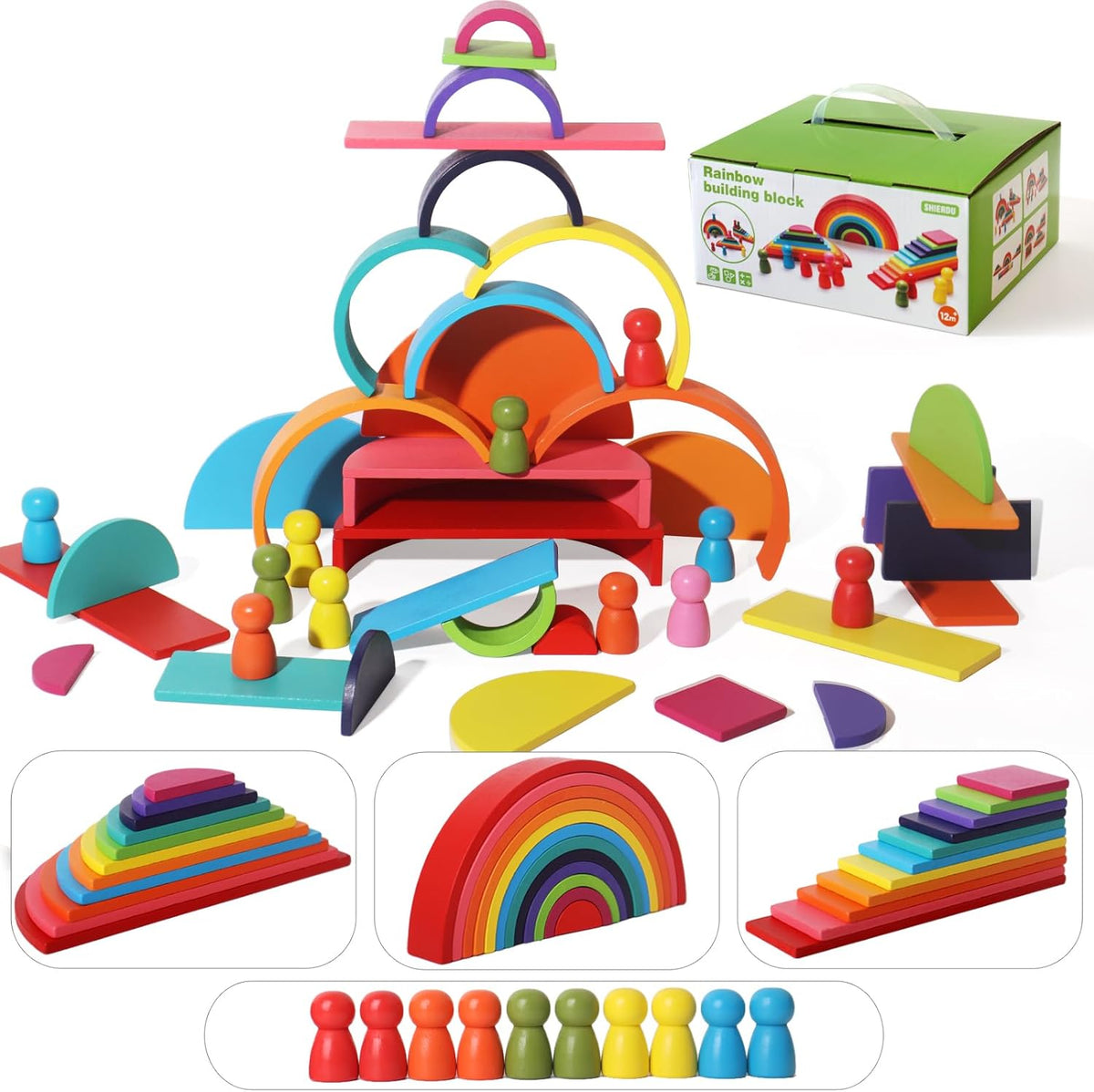 45-Piece Wooden Rainbow Stack Set, 4-in-1 Building Blocks