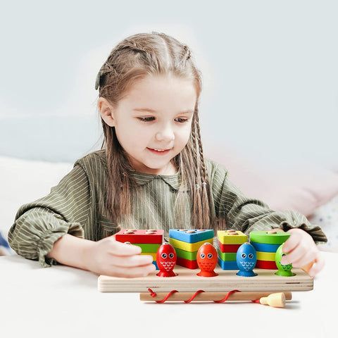 Kids Wooden Stacking Toys, Shape Sorting Board & Wooden Toddler Fishing Toys, Shape Color Recognition Blocks Matching Puzzle Preschool Learning Toys for Kids 2 IN 1 Set