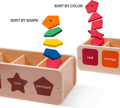 Wooden Shape & Color Sorting Toy with Storage Box, 25 Non-Toxic Geometric Blocks, Montessori Toy Preschool Educational Learning