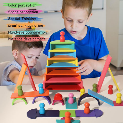 45-Piece Wooden Rainbow Stack Set, 4-in-1 Building Blocks