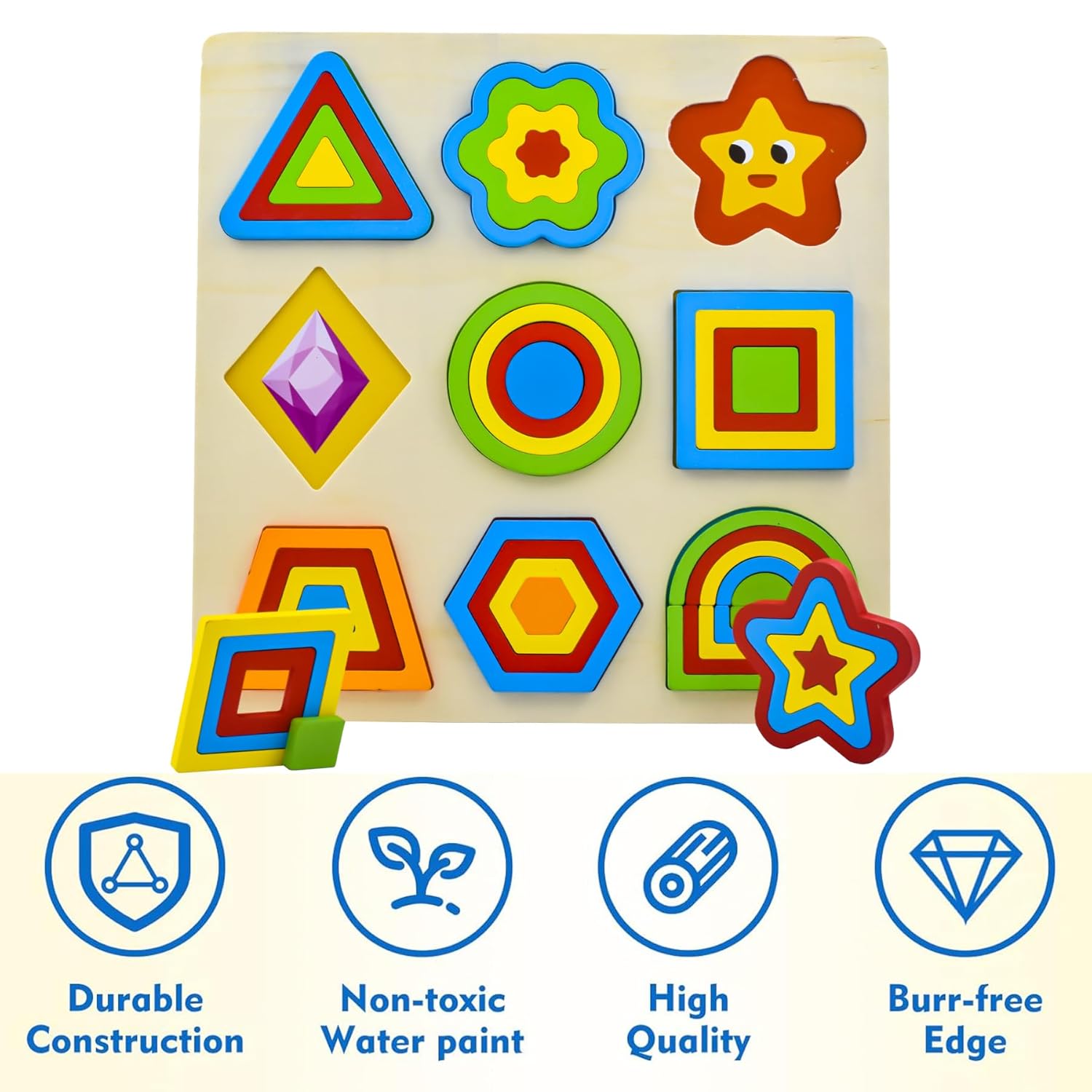 Wooden Shapes Puzzle with 9 Geometric Shapes