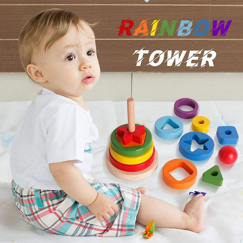 Wooden Rainbow Tower Toy; Sorting & Stacking Rings Building Puzzle Educational Geometric Shape Recognition Learning Montessori STEM Game for 3 Year + Kids (1 Set, Multicolour)