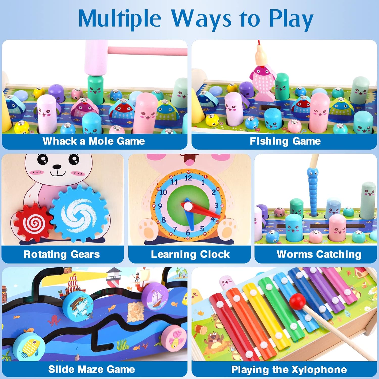 7 in 1 Wooden Montessori Toy | Fishing Game Xylophone Toy