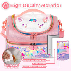 Kids Double Decker Cooler Insulated Lunch Bag Large Tote for Boys, Girls, Men, Women, with Adjustable Strap, Unicorn
