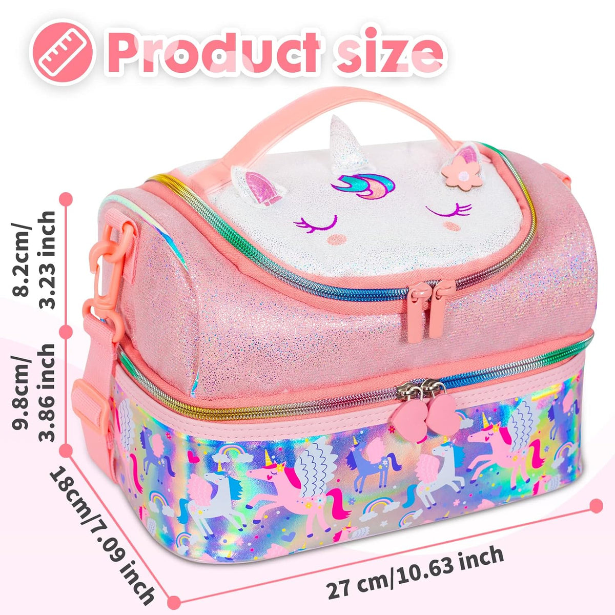 Kids Double Decker Cooler Insulated Lunch Bag Large Tote for Boys, Girls, Men, Women, with Adjustable Strap, Unicorn