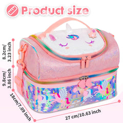 Kids Double Decker Cooler Insulated Lunch Bag Large Tote for Boys, Girls, Men, Women, with Adjustable Strap, Unicorn