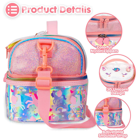 Kids Double Decker Cooler Insulated Lunch Bag Large Tote for Boys, Girls, Men, Women, with Adjustable Strap, Unicorn