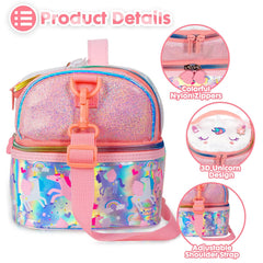 Kids Double Decker Cooler Insulated Lunch Bag Large Tote for Boys, Girls, Men, Women, with Adjustable Strap, Unicorn