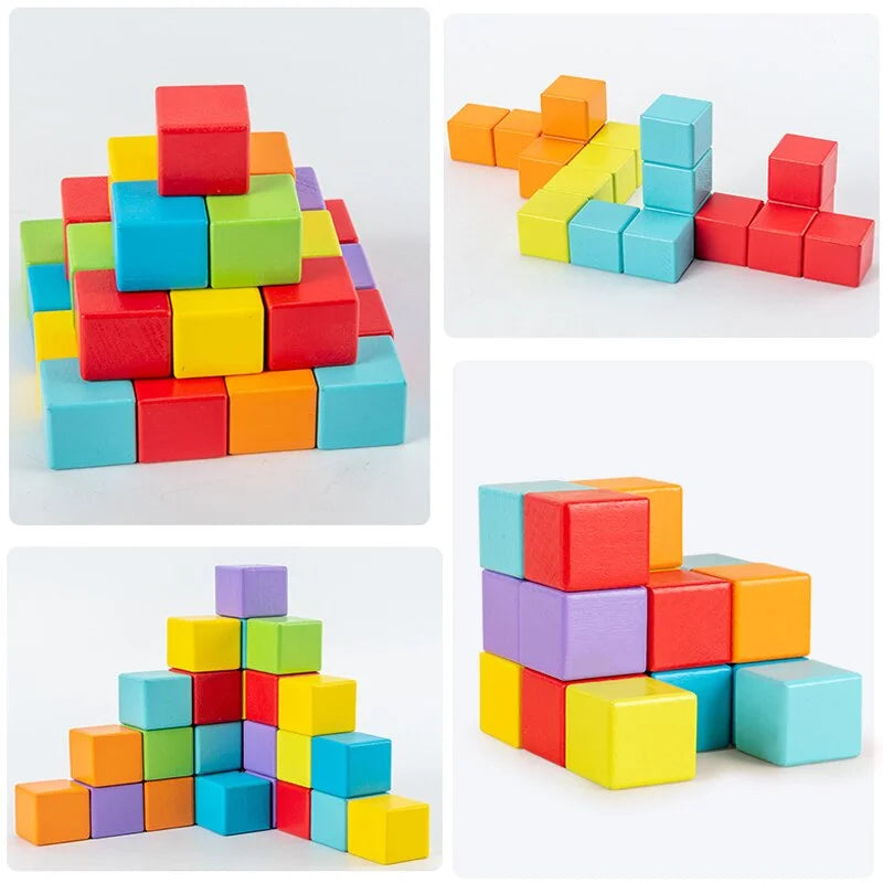 Children’s Cube Space Thinking Building Blocks Preschool 3D Puzzle Thinking Training Education Montessori Wood Teaching Aid Toy(without pattern cards))