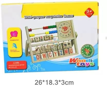 Wooden 4-in-1 Abacus Frame with Stand, Clock,Counting Math,ABCD (Multicolor)