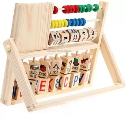 Wooden 4-in-1 Abacus Frame with Stand, Clock,Counting Math,ABCD (Multicolor)