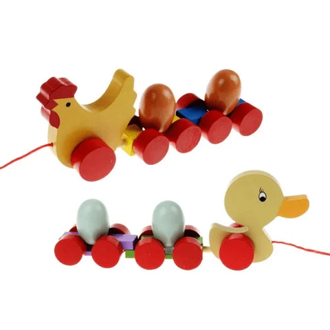 Wooden Hen& Duck Egg Pull Along Toy, Baby Early Walking Pull Toy