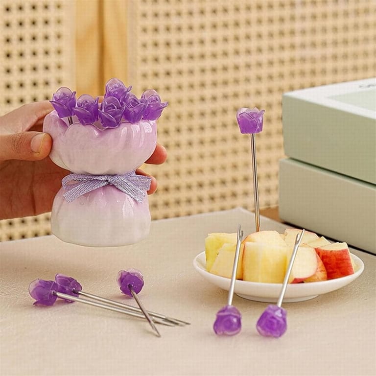Rose-Shaped Fruit Fork Set with a Ceramic Storage Vase🍴
