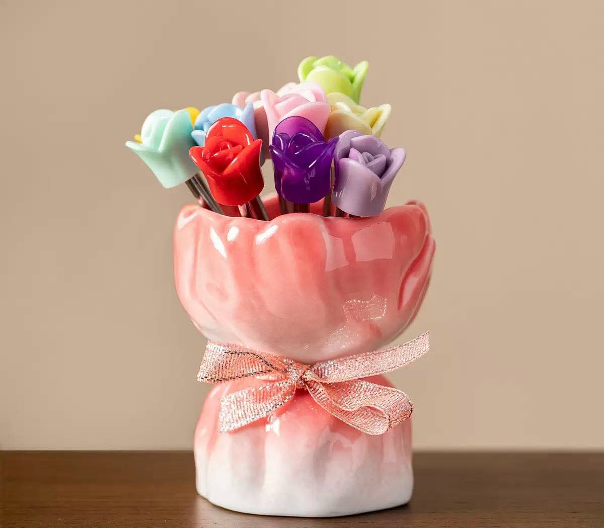 Rose-Shaped Fruit Fork Set with a Ceramic Storage Vase🍴