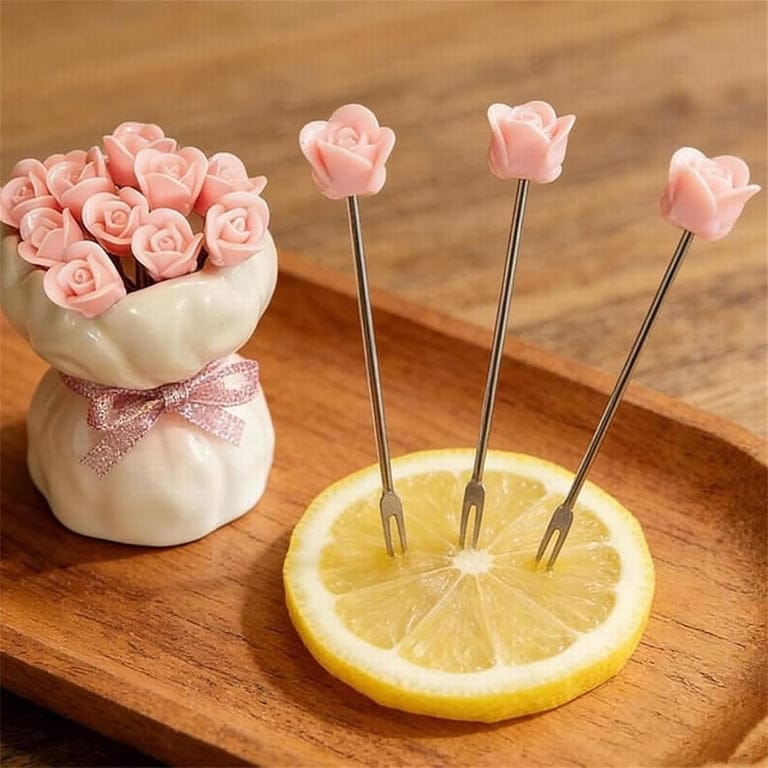 Rose-Shaped Fruit Fork Set with a Ceramic Storage Vase🍴