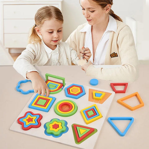 Wooden Shapes Puzzle with 9 Geometric Shapes