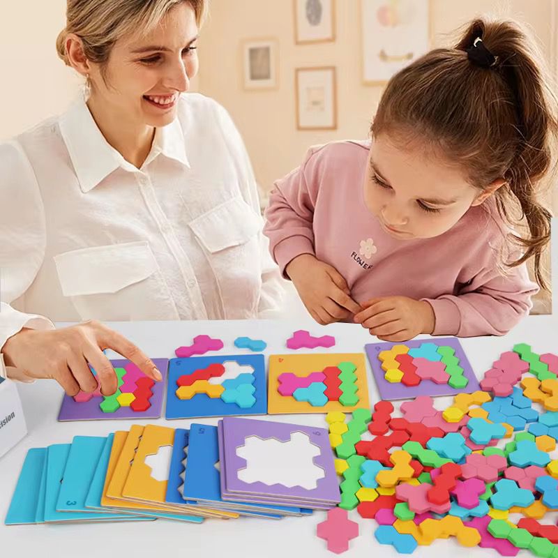 Wooden Hexagon Pattern Blocks Puzzle with Cards