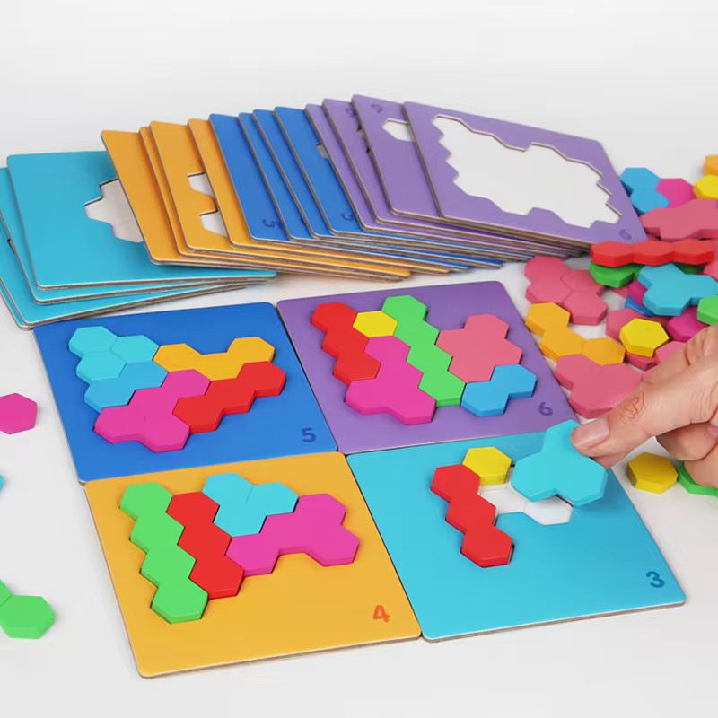 Wooden Hexagon Pattern Blocks Puzzle with Cards