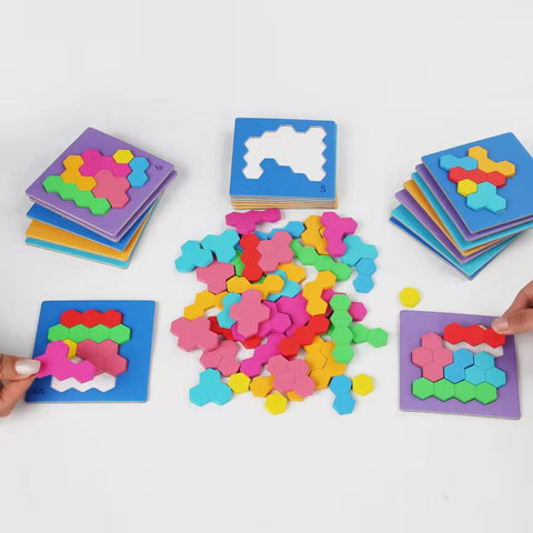 Wooden Hexagon Pattern Blocks Puzzle with Cards