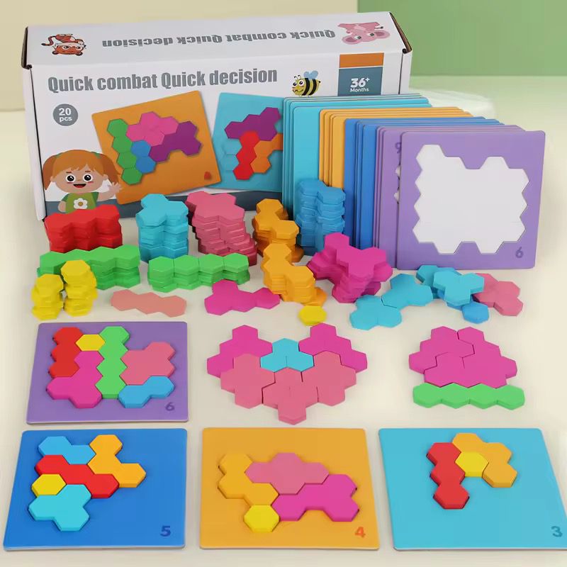 Wooden Hexagon Pattern Blocks Puzzle with Cards