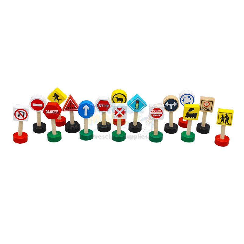 16 Pieces Wooden Traffic Road Signs Educational Toys Kids Pretend Play Toys