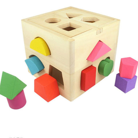 Shape Sorting Cube 15 Hole Wooden Shape Matching Intelligence Box
