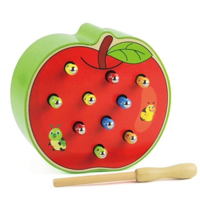 Magnetic Catching Worm Game| Apple Shaped Wooden Catch Insects Game