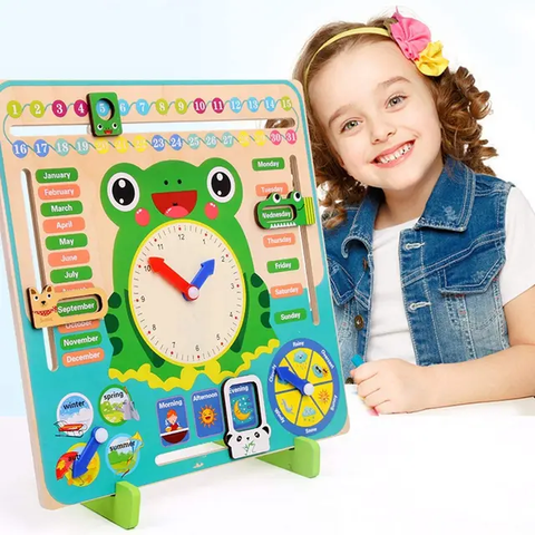 Wooden Frog Teaching Clock Calendar