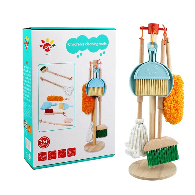 Wooden Kids Cleaning Tools Set Including Household Mop Broom, Sponge, Rag, Brush, Dustpan, Duster and Organizer